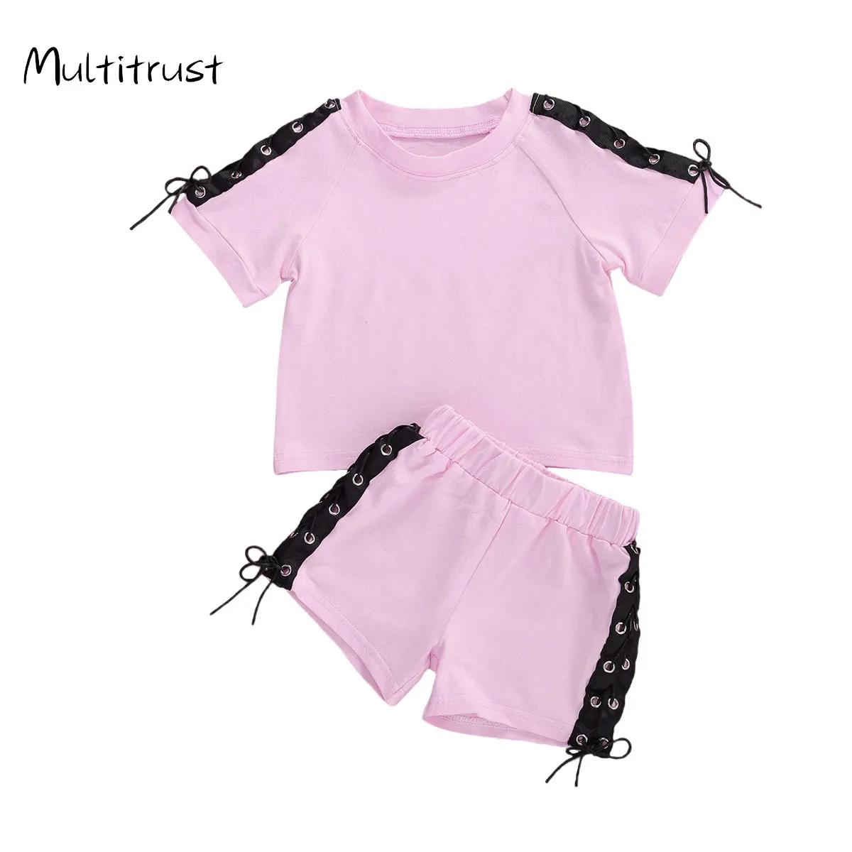 

Повседневный летний Повседневный пуловер на шнуровке для девочек, 2020 г. Футболки с короткими рукавами топы + шорты, комплекты одежды из 2 пре...