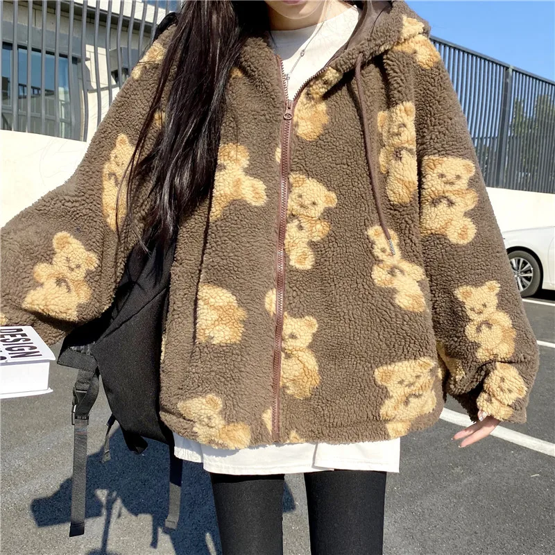

2020 winter new Bear Print Hoodies Lamb Wool Coats oversize Korean Hooded lambswool jacket women kawaii zipper Woolen coat girls