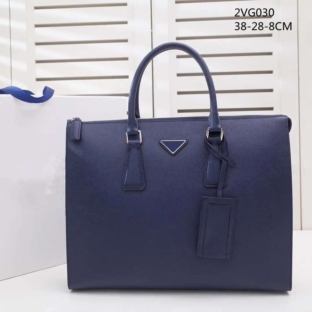 

2021 Men's Blue Leather Designer Briefcase High Quality Large Capacity Laptop Bag Retro Fashion Waterproof Handbag Office Casual