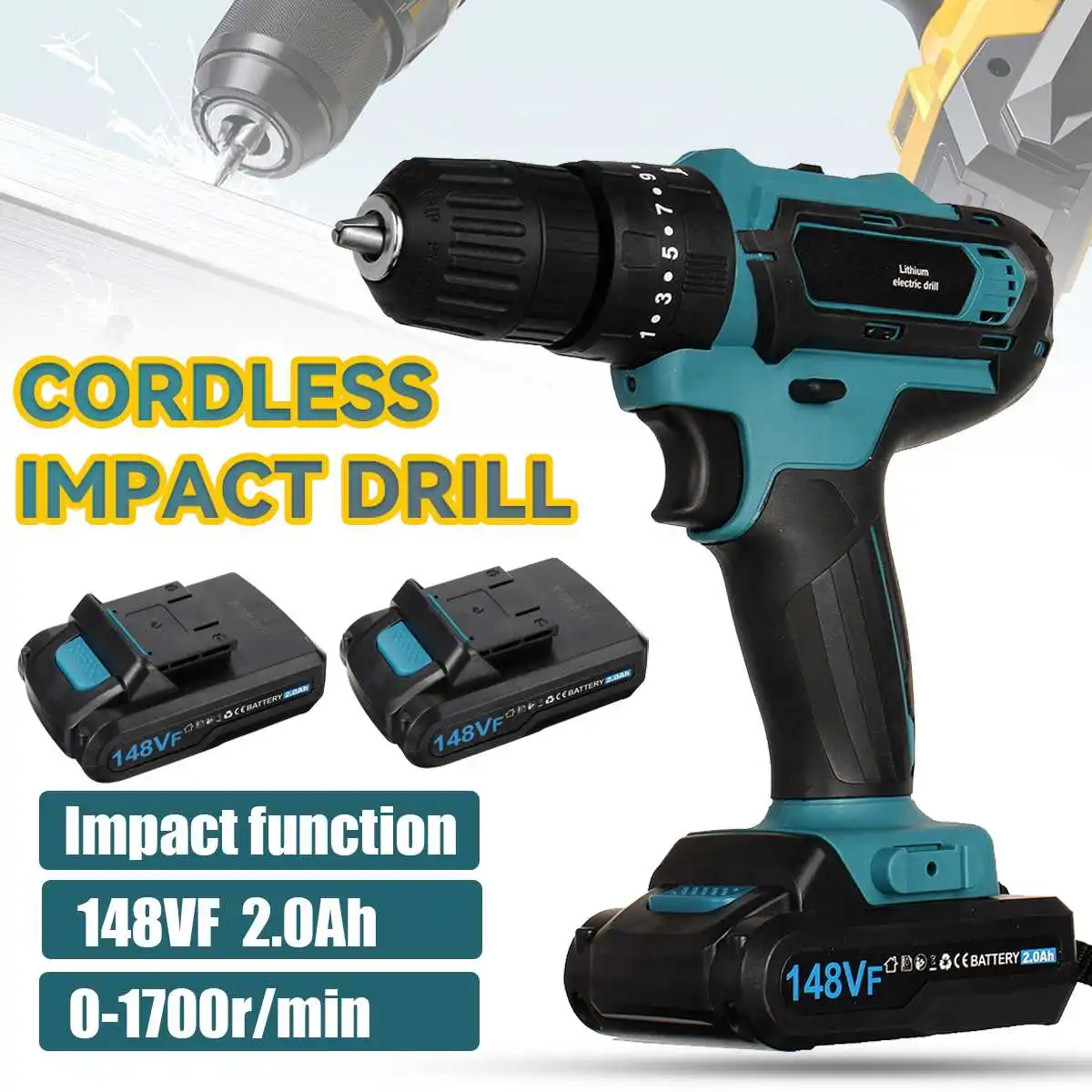 Drillpro 148VF 45Nm Brushless Electric Impact Drill 25 Torque Cordless Electreic Screwdriver with Rechargeable Lithium Battery
