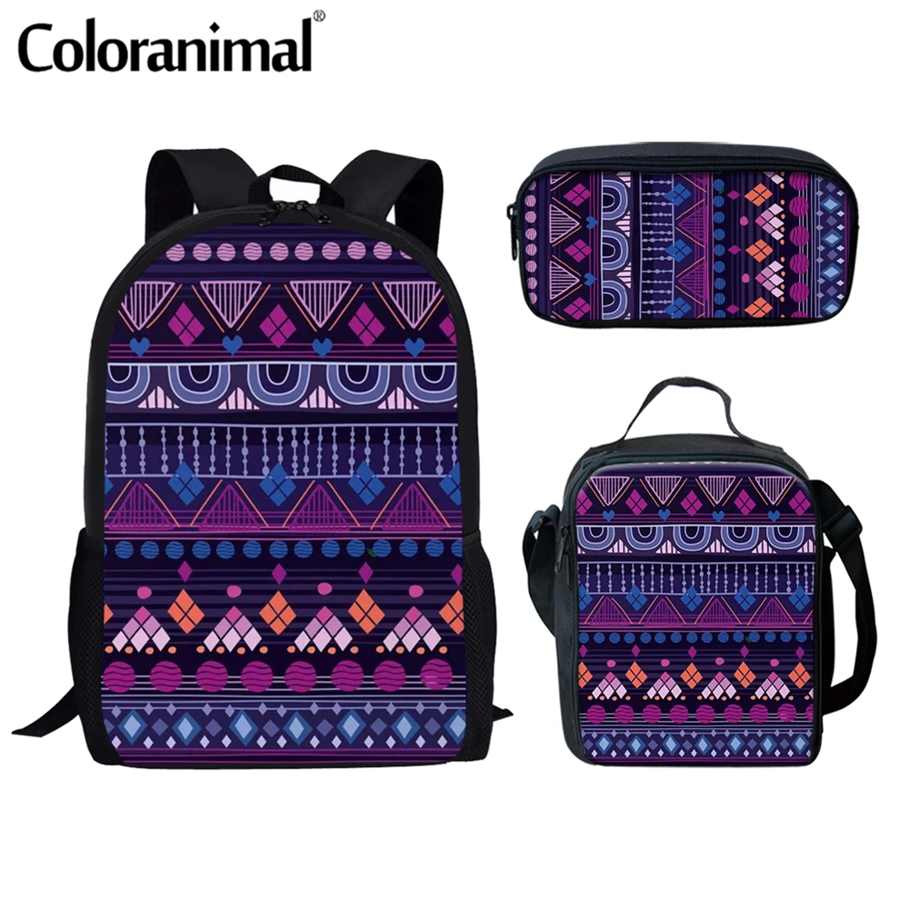 

Coloranimal Brand Design African Tribal Pattern Girls Boys School Bag 3Pcs/Set Backpack With Lunch Bag for Teenager Large Bolsa