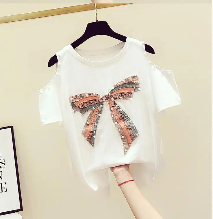 

2021 Summer Off Shoulder T Shirt Women Fashion Bow Squnined Short Sleeve Leisure Shoulderless Tops