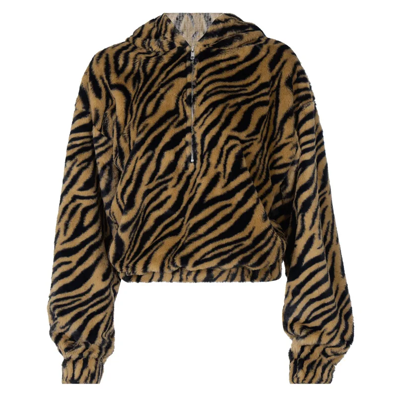 

Women's Pullover Hoodie Top y2k 2020 Fall/Winter Street Fashion Leopard Print Zipper Hooded Loose Sweatshirt With Print Female