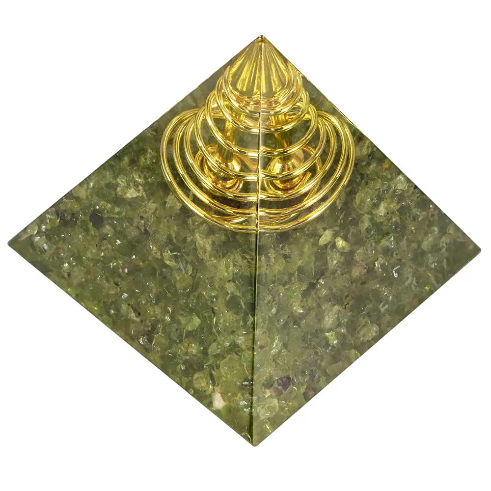 Peridot TUMBEELLUWA целебный Кристалл Orgone Пирамида с золотой спиральной точкой, генератор энергии оргонита для йоги медитации чакра балансировки - Цвет: Peridot