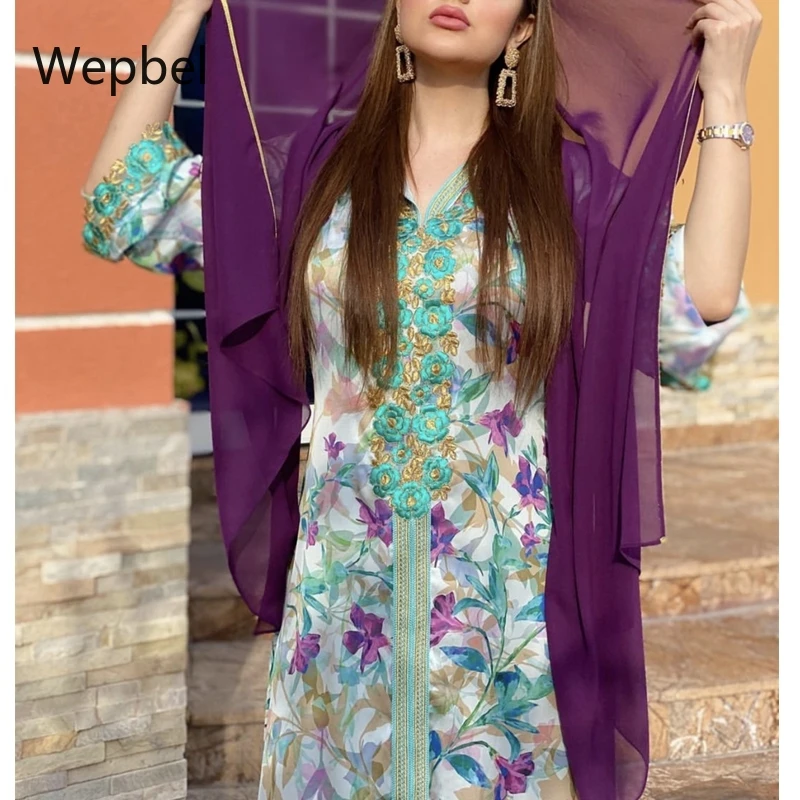 

Wepbel Hooded Abaya Dress Long Sleeve Middle East Muslim Abaya Printed Floral Long Dubai Muslim Ramadan Robe Loose Kaftan