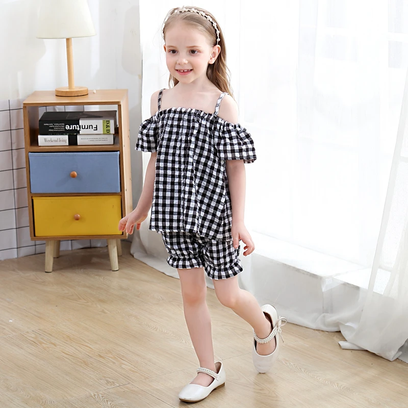 Модный клетчатый комплект для девочек топ на бретельках с открытыми плечами