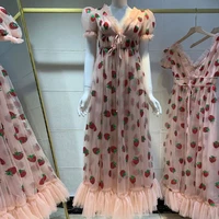 women long party strawberry dress summer sequins mesh sweet lolita high waist black pink tulle maxi dress original quality