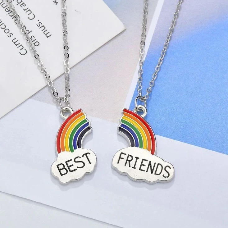 

2 Pcs/set Fashion Best Friend Stitching Pendant Necklace for Female Broken Heart Rainbow Friendship Necklace Puzzle Choker BFF