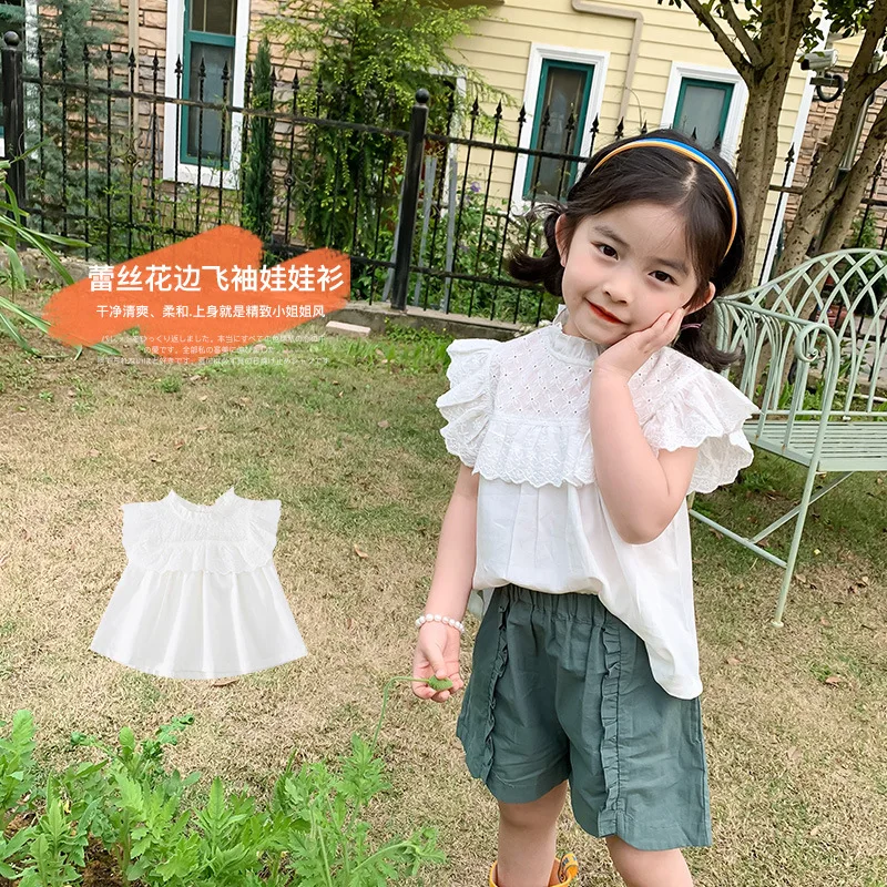 

Новое поступление, летняя блузка в Корейском стиле для девочек, кружевная ажурная универсальная рубашка без рукавов для принцесс, милая руб...