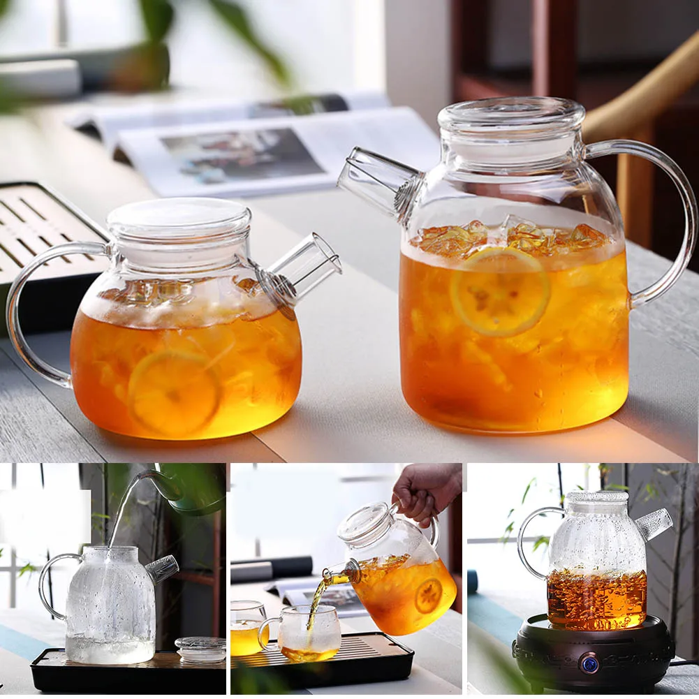 

1000ml/1600ml Glass Kettle Water Jug Heat Resistant Teapots with Transparent Lid Home Office AUG889