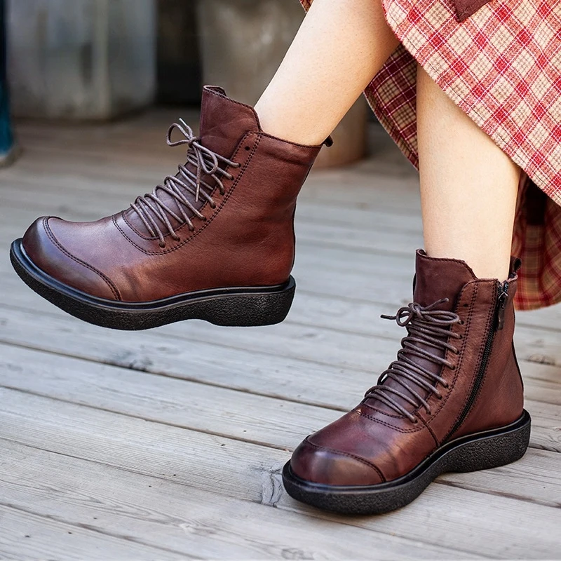 

Winter Shoes Women Boots Genuine Leather 2021 New Handmade Lace-Up Zip Warm Round Toe Concise Vintage Platform Boots