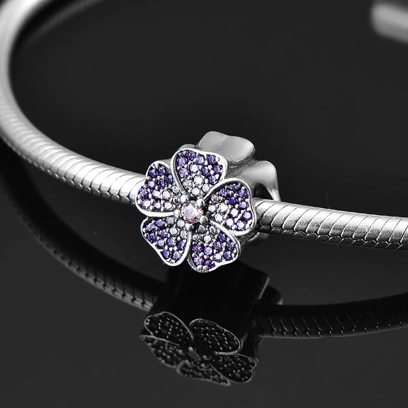 Длинные персиковые бусины в форме цветков 925 пробы серебристые фиолетовые CZ