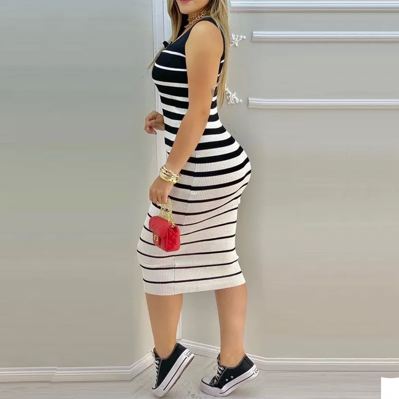 

Women Summer Sleeveless Stripe Bandage Dress Sexy Bodycon Dress Mid Length Dress Fashion New Ladies Casual Vacation Beachwear