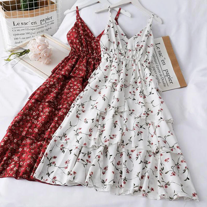 

Women Summer Bohemian Strap Dress Korean Print V-neck backless Sundress New Holiday Beach Sleeveless Cake Floral Dress