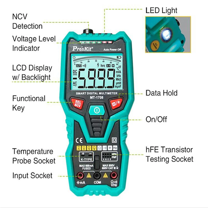 Умный Цифровой мультиметр Pro'sKit MT-1708 3-5/6 полностью автоматический цифровой с