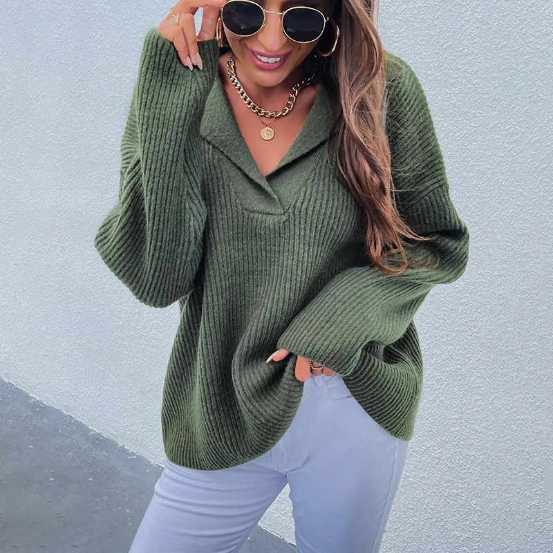 

Autumn Winter Retro Solid Color V-neck Knit Casual Pullover Season Spring Women's Long-sleeved Soft Loose Lazy Padded Sweater