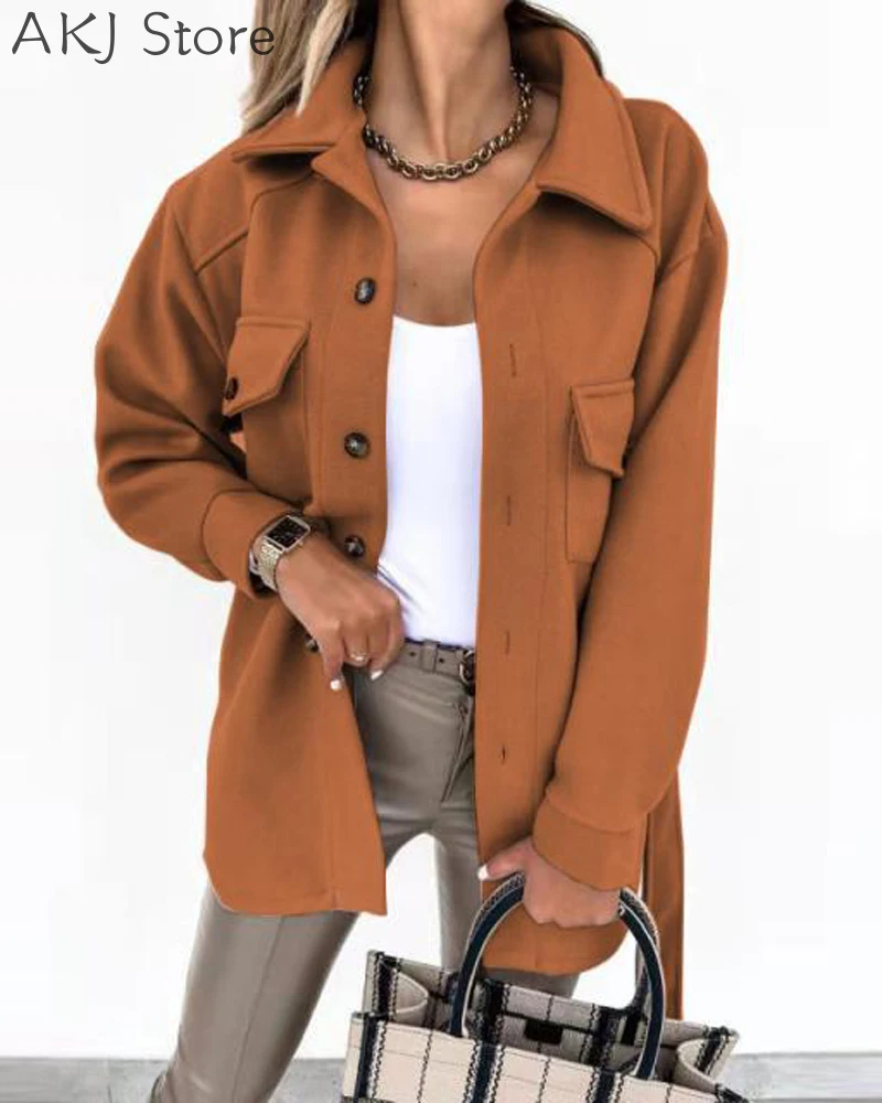 Осеннее Женское пальто на пуговицах с поясом повседневное длинным рукавом