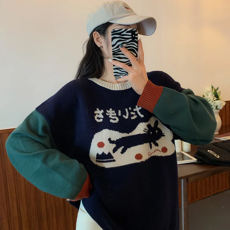 

Women Tops Sweaters Winter Vintage Long Sleeve Cute Cat Pullovers Womens Loose Knitted Sweaters Female Casual Knitted Sweater