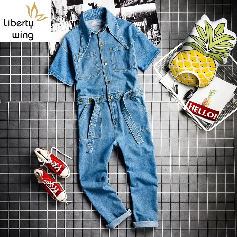 Euro Hip Hop Fashion Mens Denim Jumpsuit Vintage One Piece Cargo Pants Short Sleeve Jeans Bib Overalls Casual Cowboy Jumpsuits