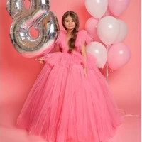 pink tulle flower girl dresses layers tulle first communion dresses puffy sleeves bow knot girl wedding little bride dresses