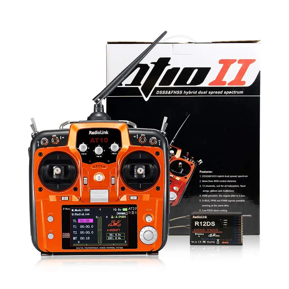 

Radiolink AT10II 12CH RC Transmitter and Receiver R12DS 2.4GHz DSSS&FHSS Radio Remote Controller for RC FPV Drone/ Fixed Wing