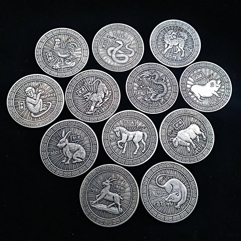 12 шт. монеты в виде животных с надписью Lucky Coin Gossip Feng Shui китайским знаком зодиака