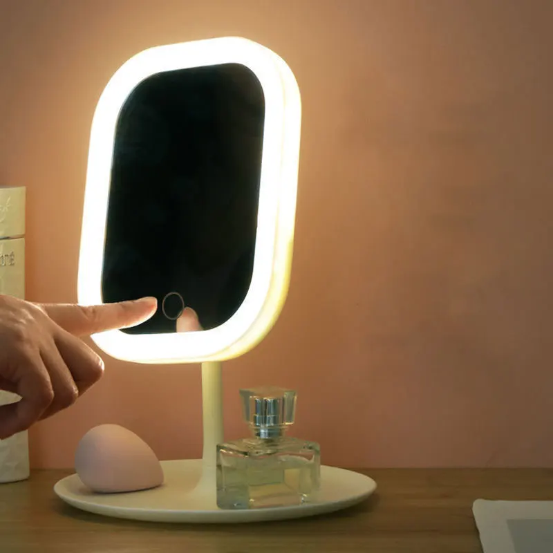 

LED Light Makeup Mirror Storage Tri-color Light Adjustable Touch Dimmer USB Rechargeable Desktop Dressing Mirrors Makeup Tools