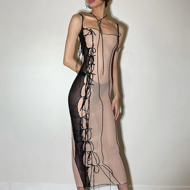 

Sleeveless Strap See-Through Asymmetrical Sexy Dress Summer Women Fashion Streetwear Y2K Club Outfits