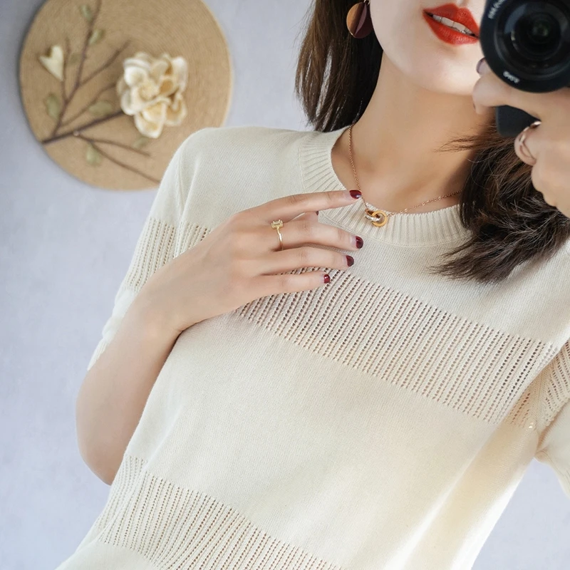 

Pure cotton T-shirt women 2021 new casual knitted sweater pure color plus size slim pullover Korean short-sleeved top