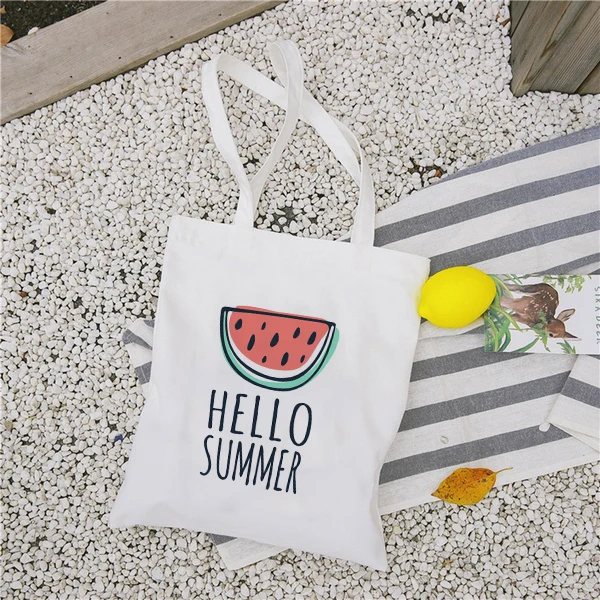 Новая женская Повседневная тканевая сумка Hello Summer с принтом арбуза, сумка для покупок, дамская сумка, многоразовая Большая вместительная сумка