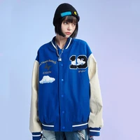 klein blue trend brand hip hop baseball uniform for men women harajuku white cloud pattern pu leather stitching couple jacket