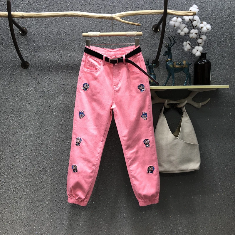 

Cartoon Cat Embroidery Pink Denim Women Trousers 2021 New Summer Fashion All-match High Waist Thin Slim Tie Feet Harem Jeans