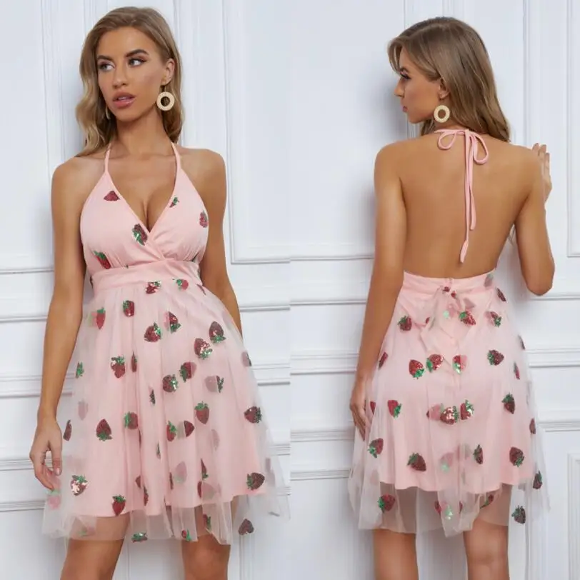 

Strawberry Dress Women Deep V Mesh Spaghetti Strap Dress Backless Halter Neck Sequins Embroidery Party Dresses Vestidos w160