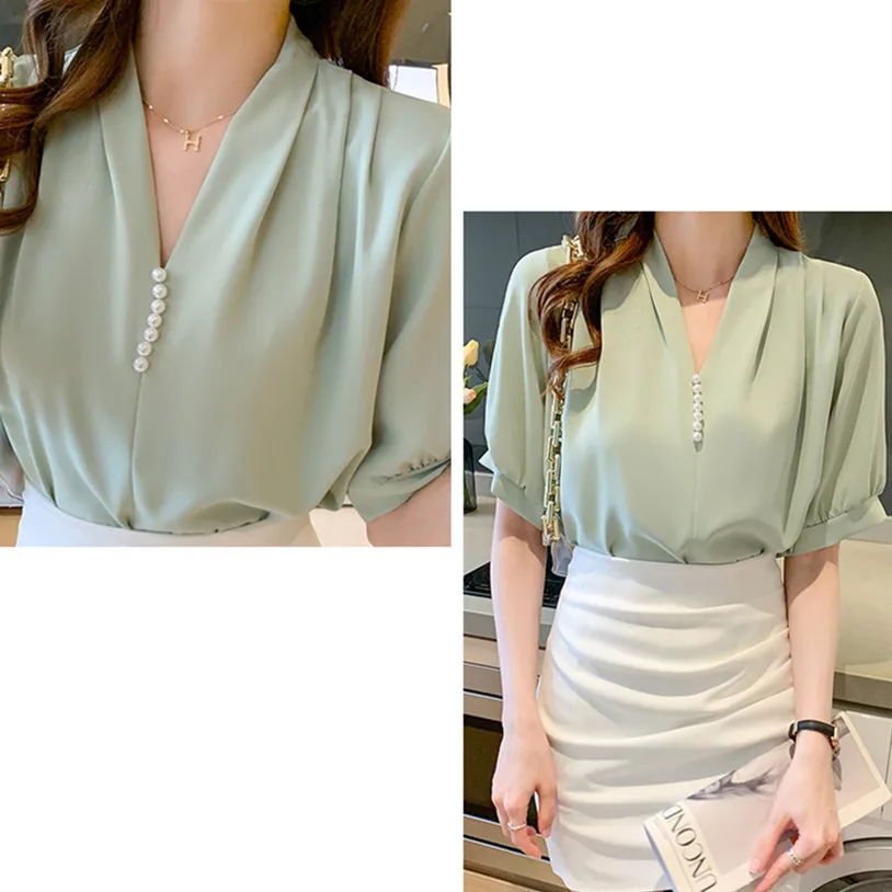 

Summer Women's Shirt Chiffon Blouse for Women Solid Embroidered Flares Shirt White V-neck Blouse Top Female 2021 Basic Shirts OL