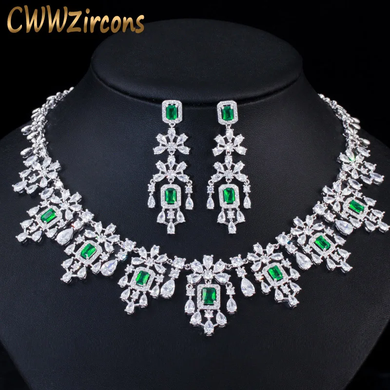 Фото CWWZircons Роскошные зеленые кубические цирконы, женские свадебные украшения, ожерелье, серьги, комплекты ювелирных изделий, аксессуары для свадебного платья T0611 №1