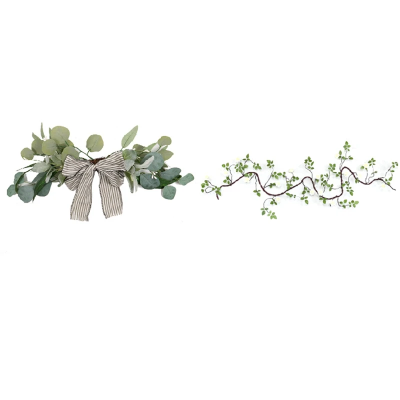 

Искусственный венок эвкалипта с искусственными цветами, шелковые розы, лоза, пластиковые растения, ротанговая гирлянда