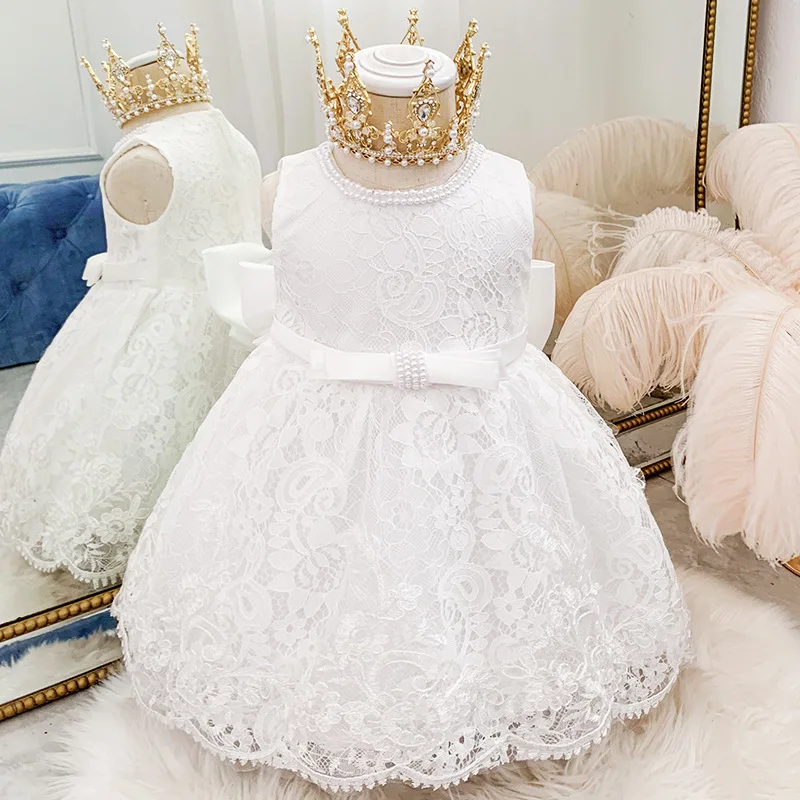 

Infant Baby Girls Flower Dresses Christening Gowns Newborn Babies Baptism Clothes Princess tutu Birthday White Bow Dress New