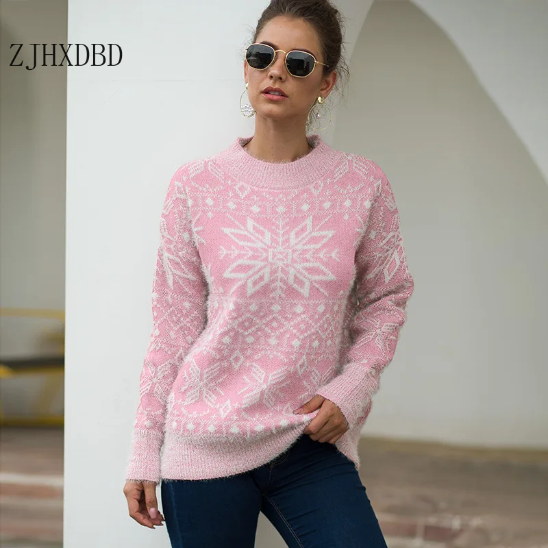 

2020 Vintage Merry Christmas Sweaters Women Long Sleeve Autumn Winter Snowflake Print Knitted Female Pullover Chic Top Jumper