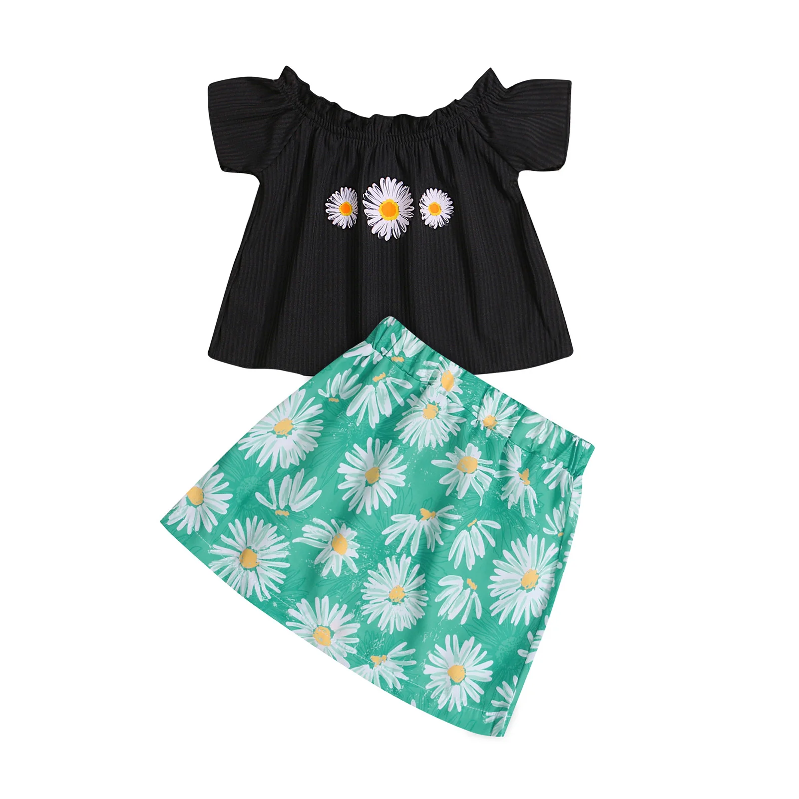 

Женские летние детские комплекты из 2 предметов, летний комплект из пуловера с коротким рукавом и вырезом лодочкой и принтом Маргариток и юб...