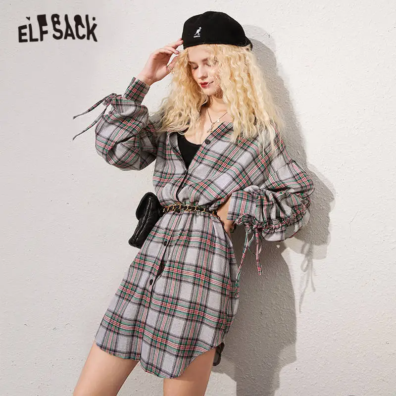 Женское шифоновое платье-рубашка в клетку ELFSACK винтажное платье Корейском стиле