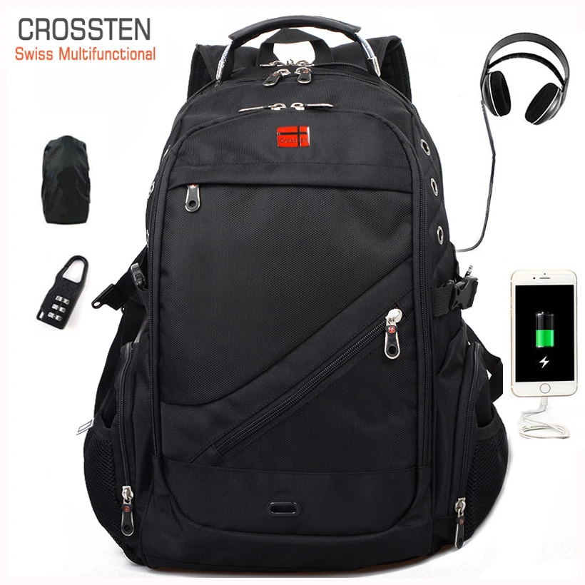 Многофункциональный швейцарский рюкзак Crossten 17," с USB зарядным портом для ноутбука, школьный водонепроницаемый рюкзак, Вместительная дорожная сумка Mochila