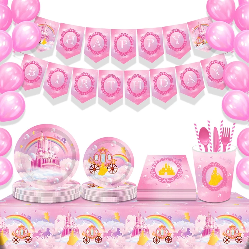 

Одноразовая посуда с розовым замком для принцессы, чашка для свадебной вечеринки, декор для детского душа, принадлежности для первого дня р...