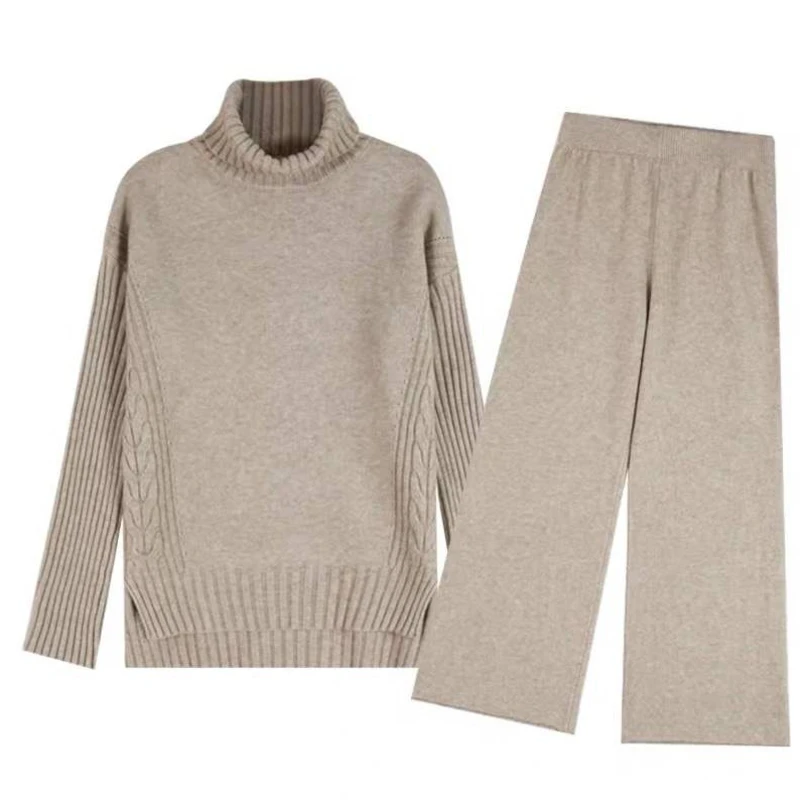 

Autumn Winter Women's New High-Neck Split Sweater + Loose Wide-Leg Pants Casual Two-Piece Suit