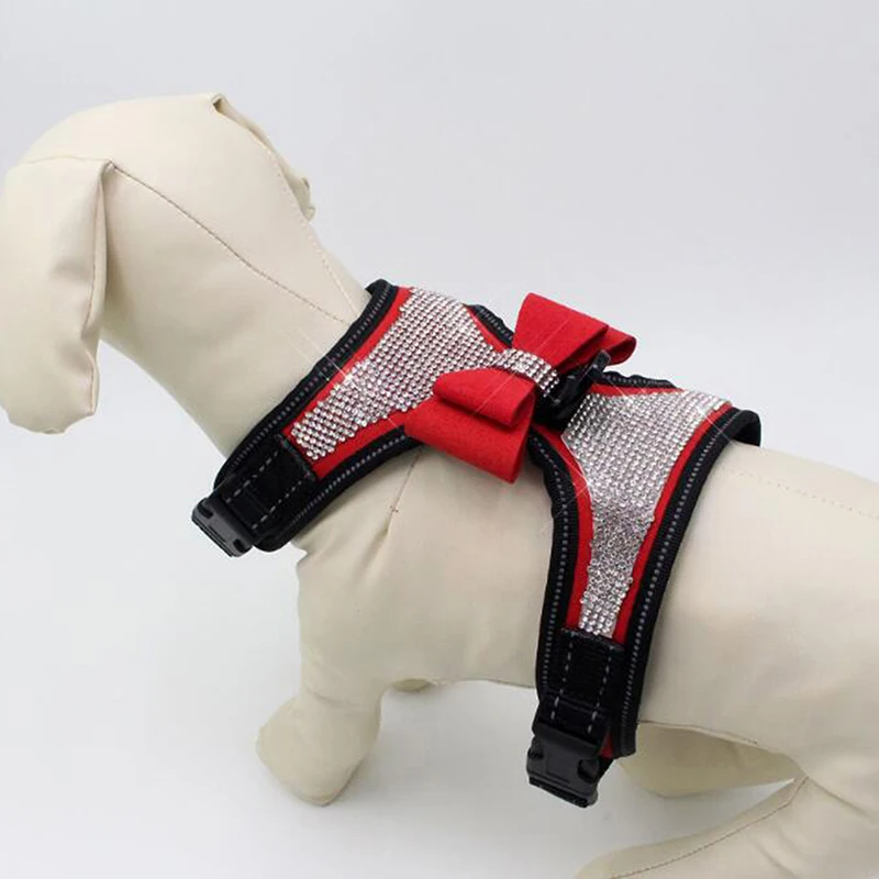 

New Shiny Rhinestone Pet Chest Strap High Reflective Bow Tie Dog Chest Back Harness Pet Dog Supplies
