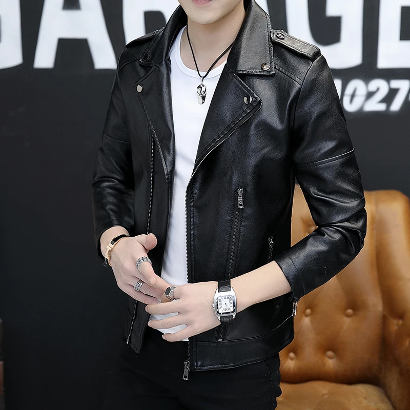 

Мужская кожаная куртка, новинка 2020, куртка на весну и осень, Корейская версия тренда приталенной кожаной куртки с лацканами