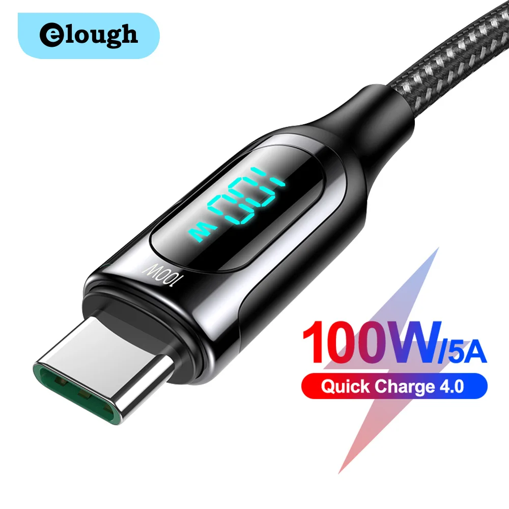 

Кабель Elough PD 100 Вт Type C на USB C, 5 А, светодиодный кабель USB Type-C для быстрой зарядки телефонов Xiaomi, Samsung, Huawei, шнур для передачи данных