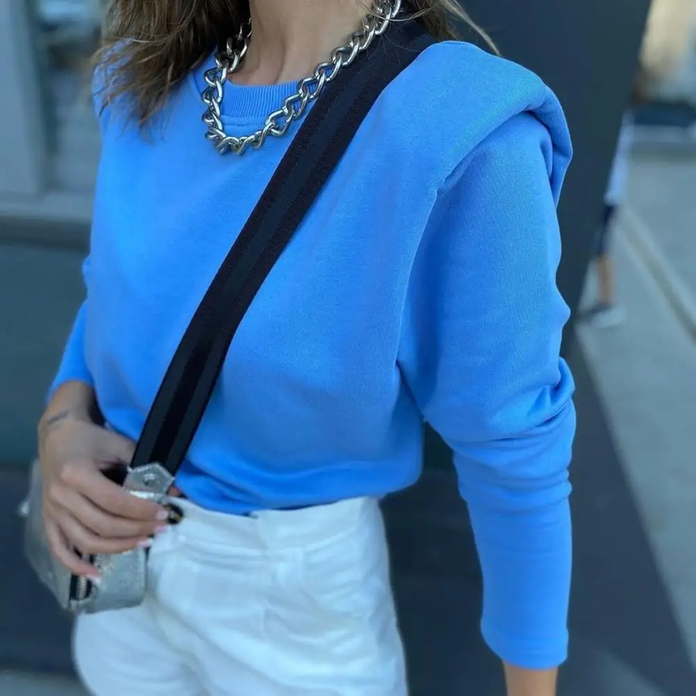 

Autumn Winter Women pullover Long Sleeve Padded Shoulder Plush Sweatshirt Pullover Hoodie Simple Casual outwear streetwear Coat