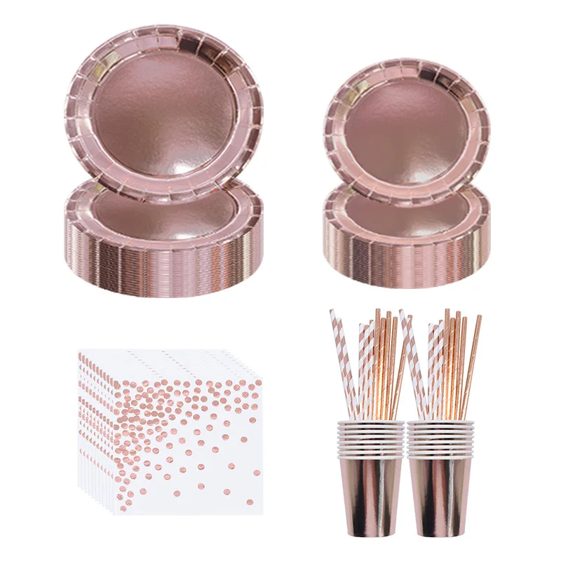Rose Gold Party Disposable Tableware Set Dining Table Decoration Paper Cups Plates Straws Wedding Birthday Party Supplies
