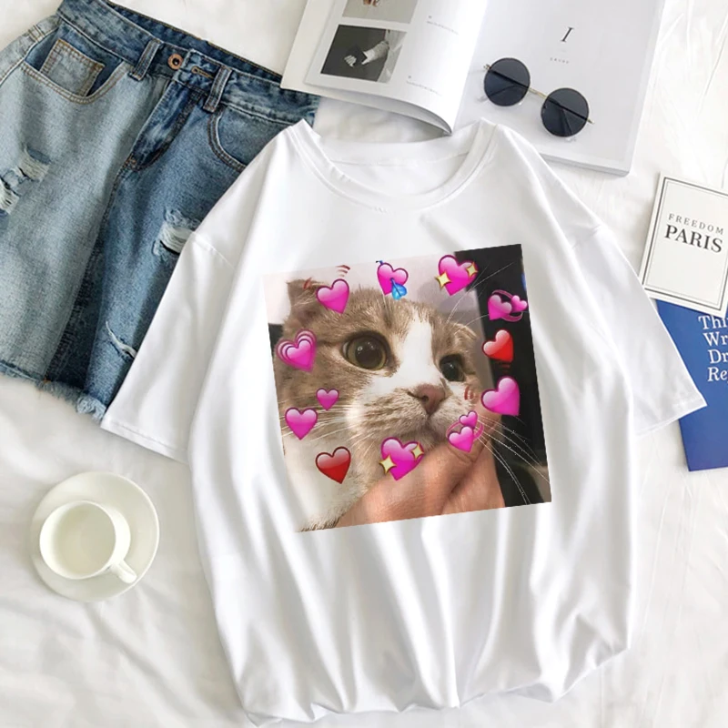 Ulzzang милый кот любовь повседневные топы футболки кавайный принт свободная одежда
