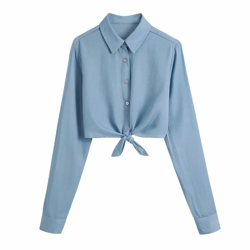 

ZXQJ 2021 Модные женские укороченные блузки с узлом винтажные женские рубашки с длинным рукавом на пуговицах шикарные топы